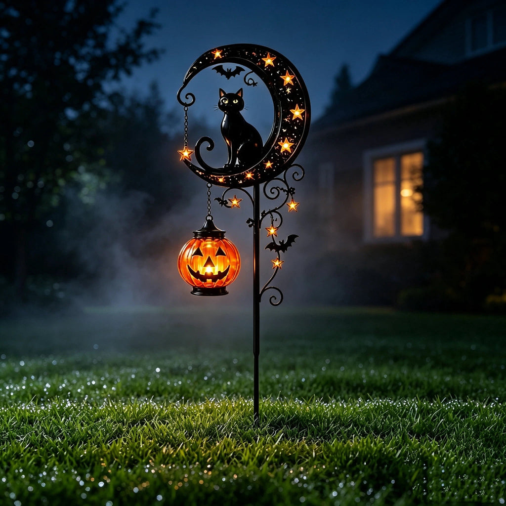 Clearance Halloween Solar Black Cat & Pumpkin Moon Garden Stake Light, Outdoor Waterproof LED Yard Decoration with Crescent Moon, Hanging Jack-o'-Lantern Lantern for Garden, Patio, Walkway, Porch