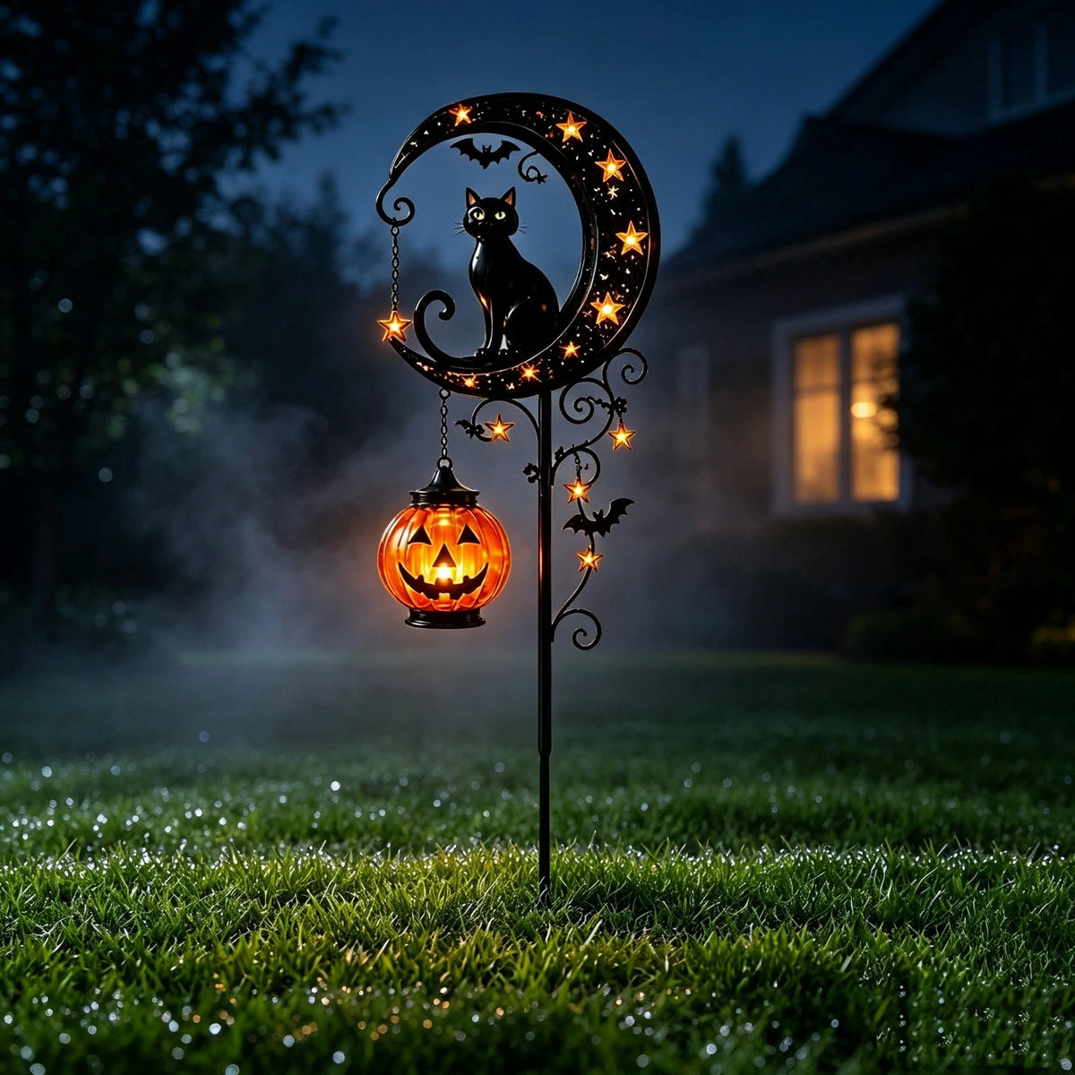 Clearance Halloween Solar Black Cat & Pumpkin Moon Garden Stake Light, Outdoor Waterproof LED Yard Decoration with Crescent Moon, Hanging Jack-o'-Lantern Lantern for Garden, Patio, Walkway, Porch