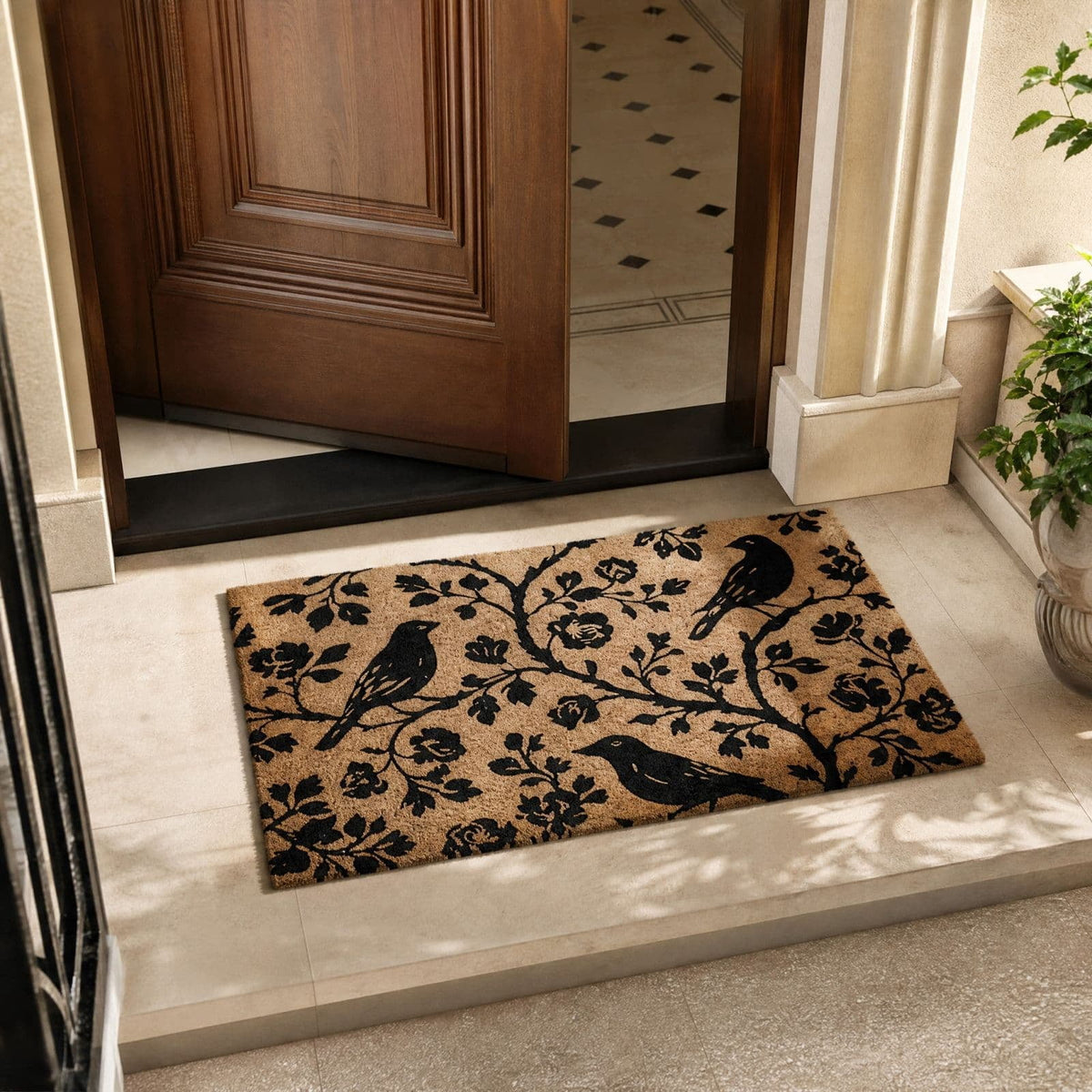 Clearance Natural/Black Floral Bird Outdoor Coir Doormat, 30" x 18"