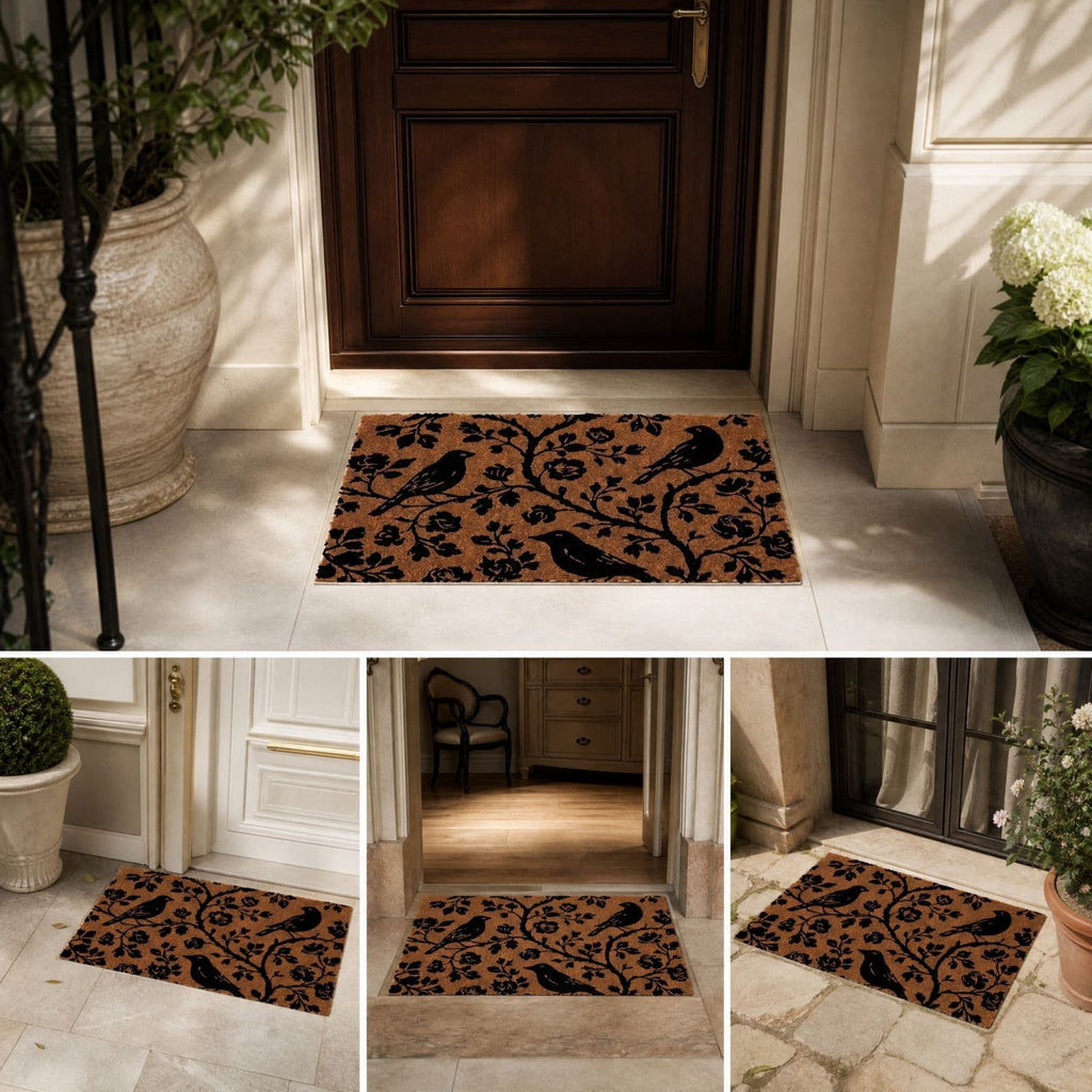 Clearance Natural/Black Floral Bird Outdoor Coir Doormat, 30" x 18"