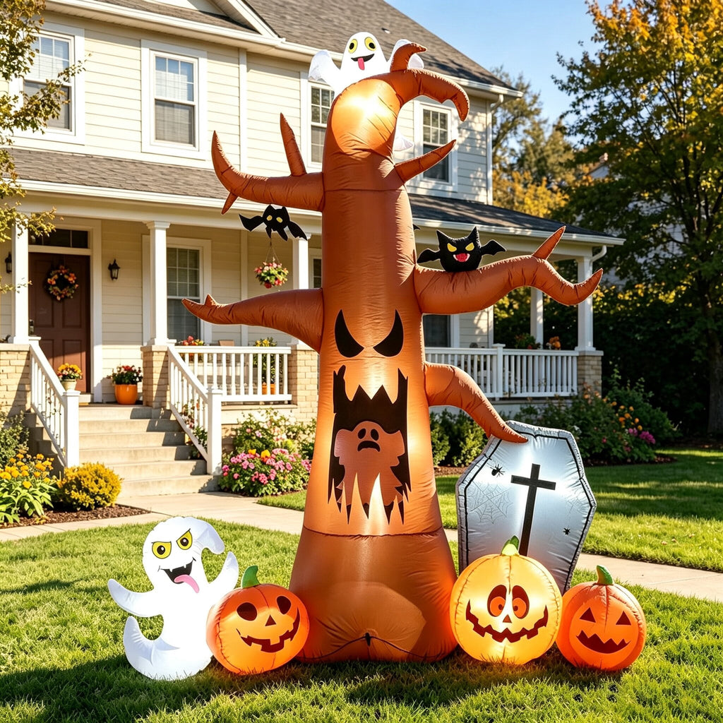 Coolmade 8 ft Halloween Inflatable Outdoor Dead Tree with Ghosts Pumpkins Tombstone Bat, Halloween Blow Up Yard Decorations Clearance with Build-in LED Lights for Holiday Party Lawn Yard Garden