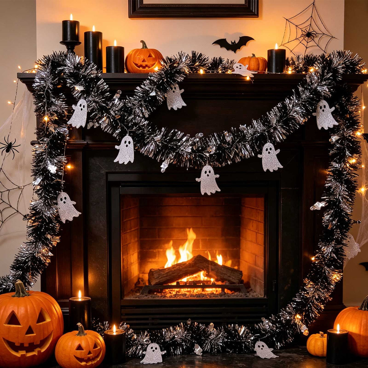 CuiLiyq Halloween Tinsel Garland, 78.7 Inch Black Purple Silver Foil with Bats and Ghosts, Party Decor for Mantel, Staircase, Doorway