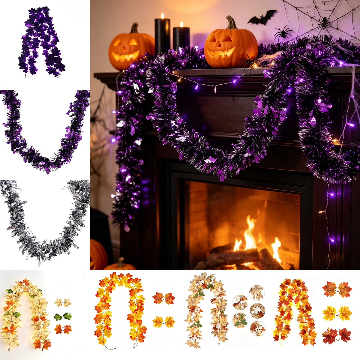 CuiLiyq Halloween Tinsel Garland, 78.7 Inch Black Purple Silver Foil with Bats and Ghosts, Party Decor for Mantel, Staircase, Doorway