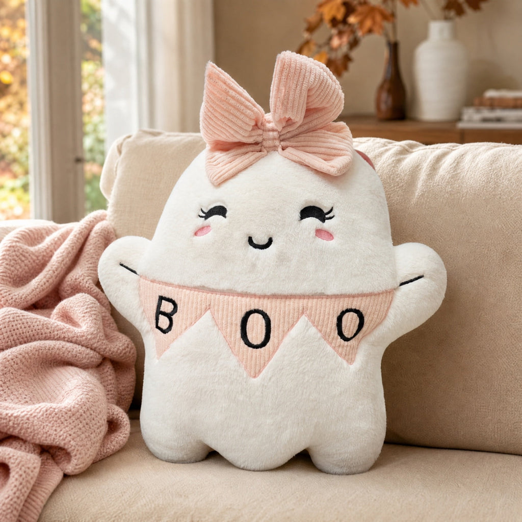 Cute Reading Ghost Plush Throw Pillow, Halloween Book & Pumpkin Bucket Ghost Stuffed Cushion, Spooky Season Decorative Pillow, for Sofa, Bedroom, Party Decor
