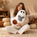 Cute Reading Ghost Plush Throw Pillow, Halloween Book & Pumpkin Bucket Ghost Stuffed Cushion, Spooky Season Decorative Pillow, for Sofa, Bedroom, Party Decor