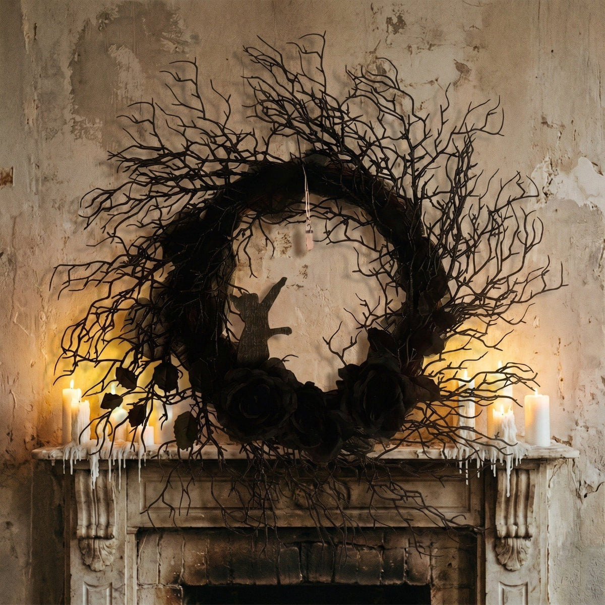 Dark Gothic Halloween Wreath 16 Inch Black Roses Ghost Crystal Door Decor