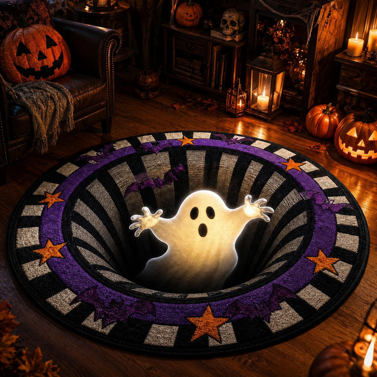 Deep Vortex Illusion Rug, 3D Halloween Round Floor Mat with Non-Slip Backing
