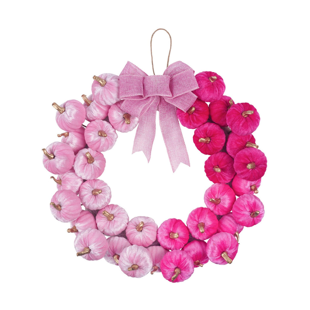 Diceymbol Pastel Velvet Pink Pumpkin Wreath with Pink Bow for Front Door Halloween Decorations 17 Inch