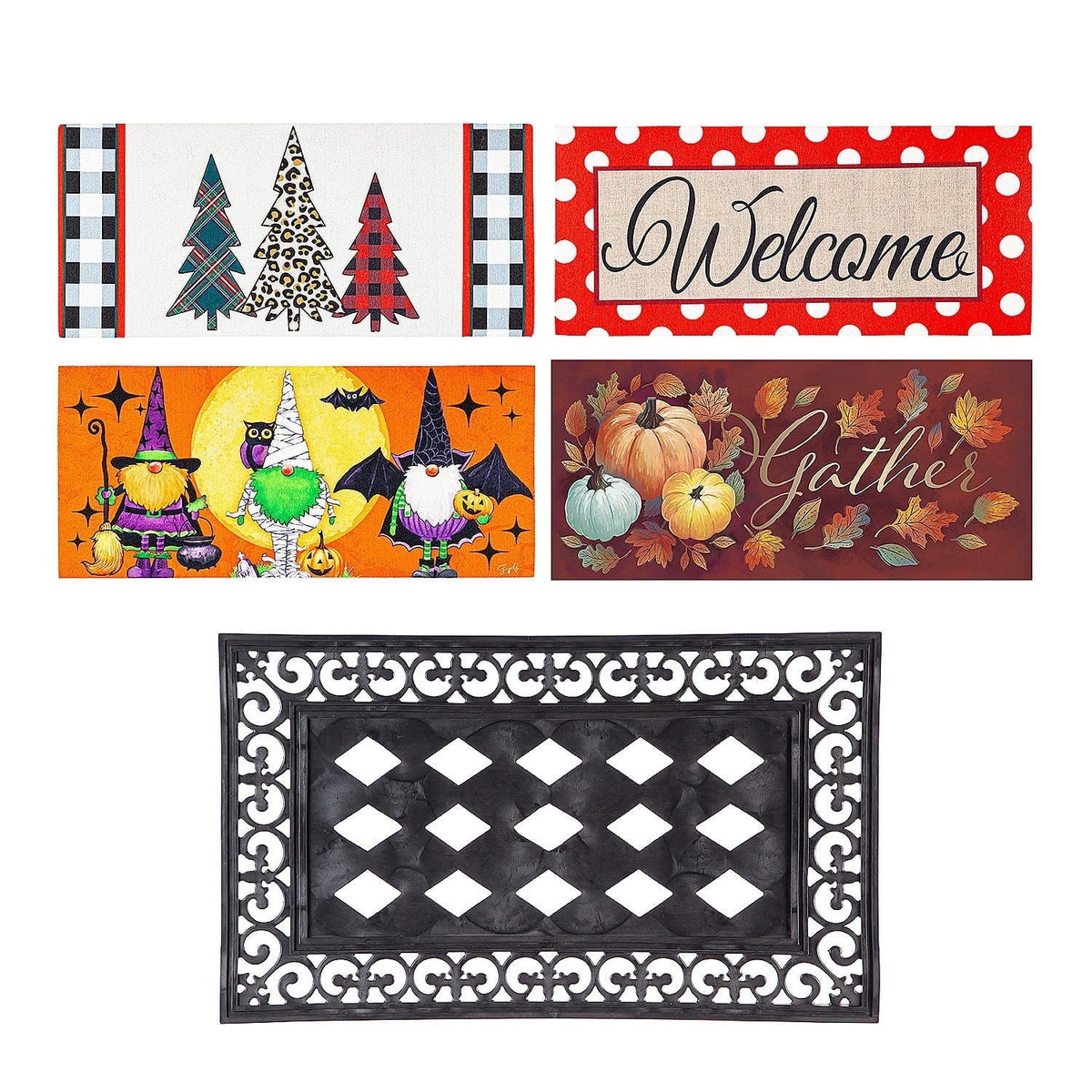 Evergreen Indoor Outdoor Doormat Bundle Set of 5 - Frame and 4 Welcome Seasonal Inserts Halloween Christmas Thanksgiving