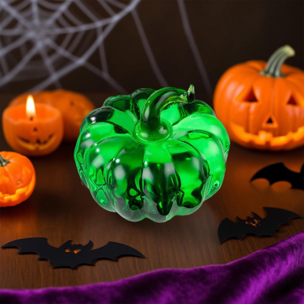 Fall Decor Mini Blue Hand Blown Glass Pumpkin Figurine Transparent Crystal Pumpkin with Green Stem Art Glass Fruit Tabletop Decor for Home Office Shelf Thanksgiving Halloween Gift
