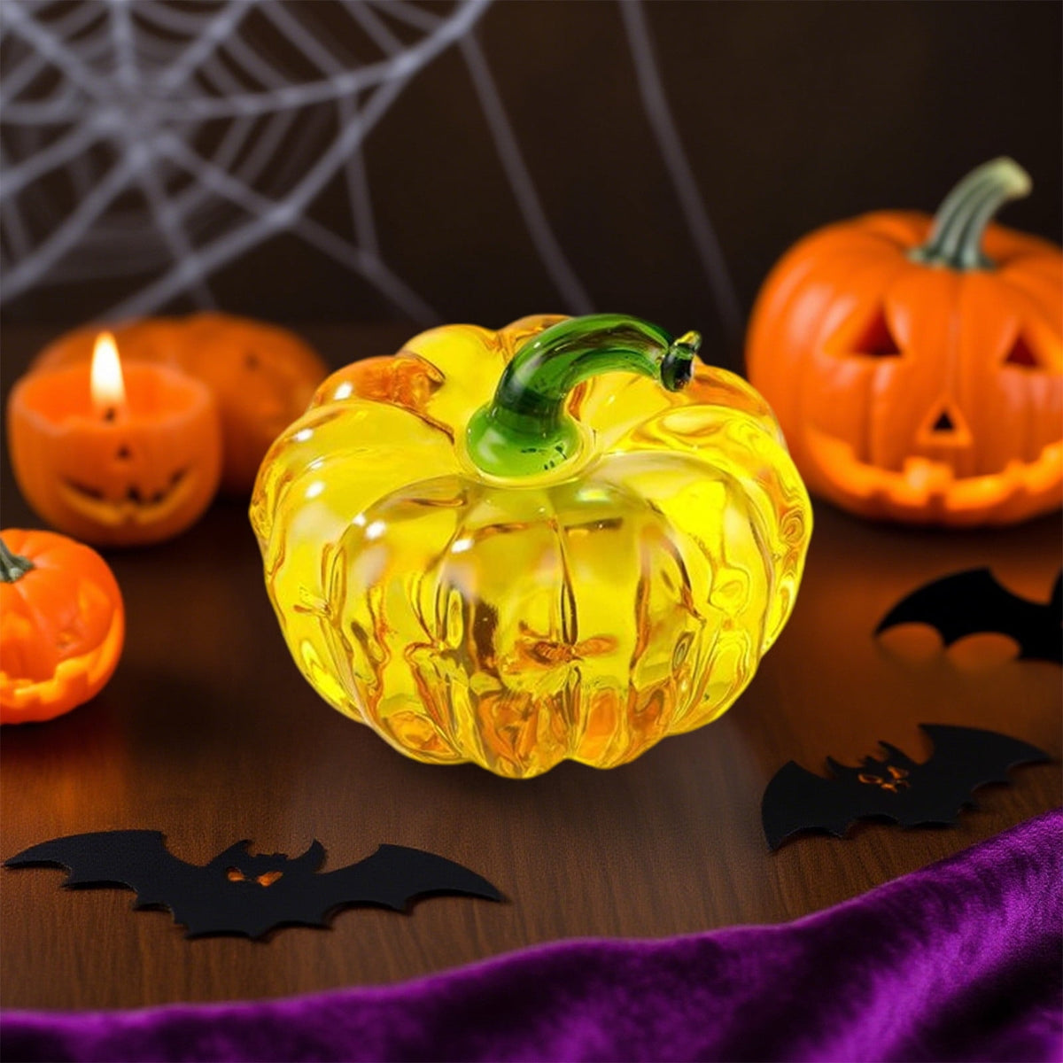 Fall Decor Mini Blue Hand Blown Glass Pumpkin Figurine Transparent Crystal Pumpkin with Green Stem Art Glass Fruit Tabletop Decor for Home Office Shelf Thanksgiving Halloween Gift