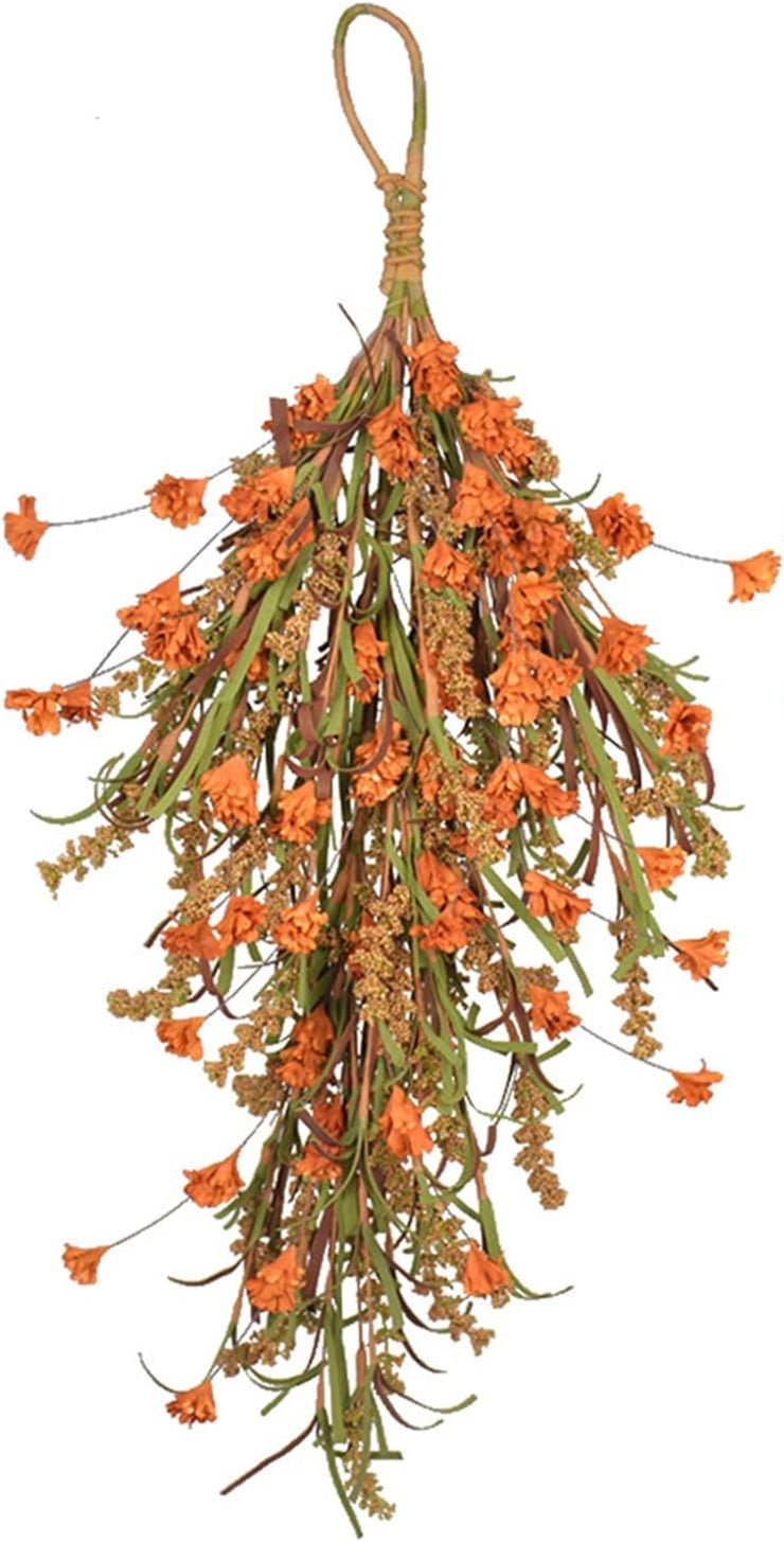 Fall Harvest Teardrop Swag, 25.2In Artificial Fall Wheat Ears Swag, Hanging Simulation Flower Teardrop for Front Door Decor Thanksgiving Christmas Halloween Wall Decor
