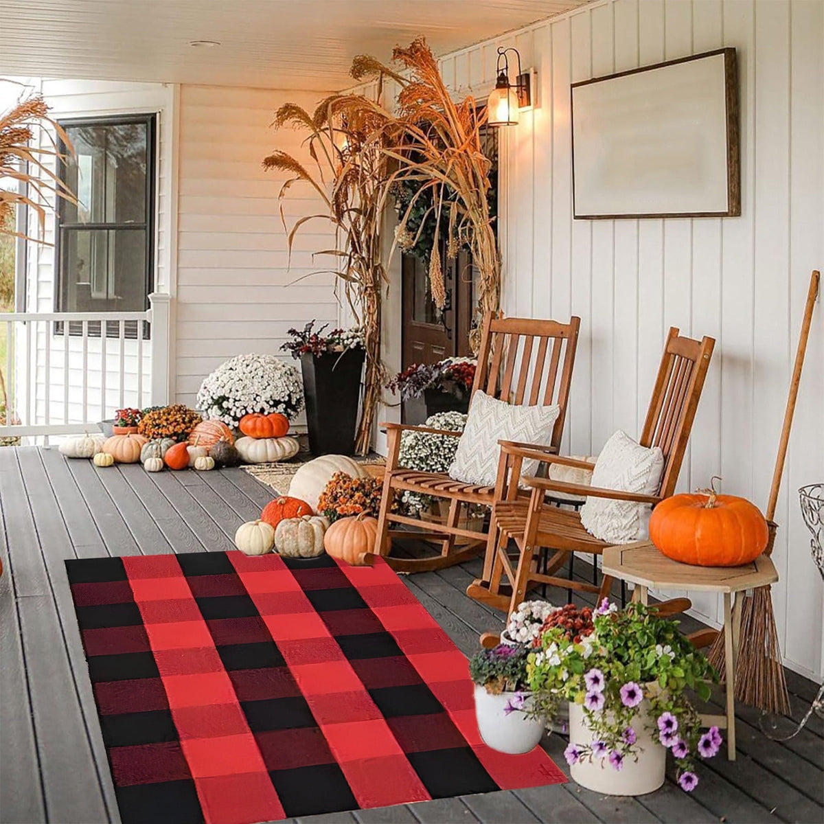 Fall Buffalo Plaid Rug Outdoor Doormat,Hand-Woven Checkered Doormat Layered Entryway Decor, Non-Slip Front Porch Mat Farmhouse Patio Rug, Halloween Thanksgiving Seasonal Outdoor Rug