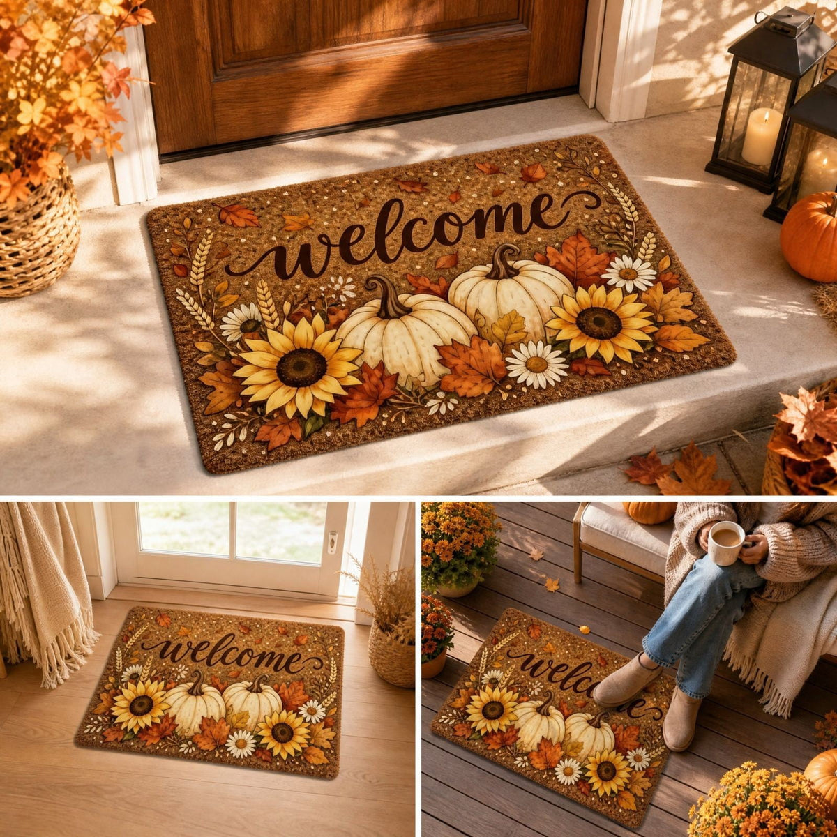 Fall Thanksgiving Welcome Doormat with Pumpkin Maple Leaf Design 15.75 x 23.62 Inch Crystal Velvet Seasonal Rug for Entryway Kitchen Home Decor