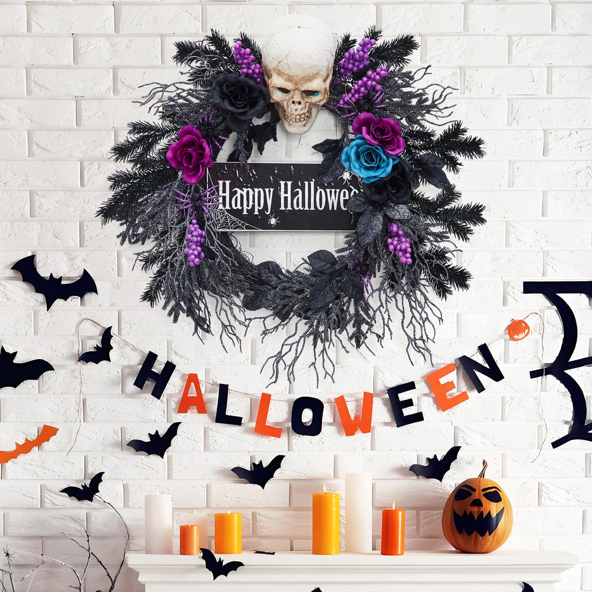 Festisoul 20'' Halloween Wreath for Front Door, Halloween Owl Wreath with Natural Vines and Artificial Roses, Spooky Halloween Props Decoration for Fireplace