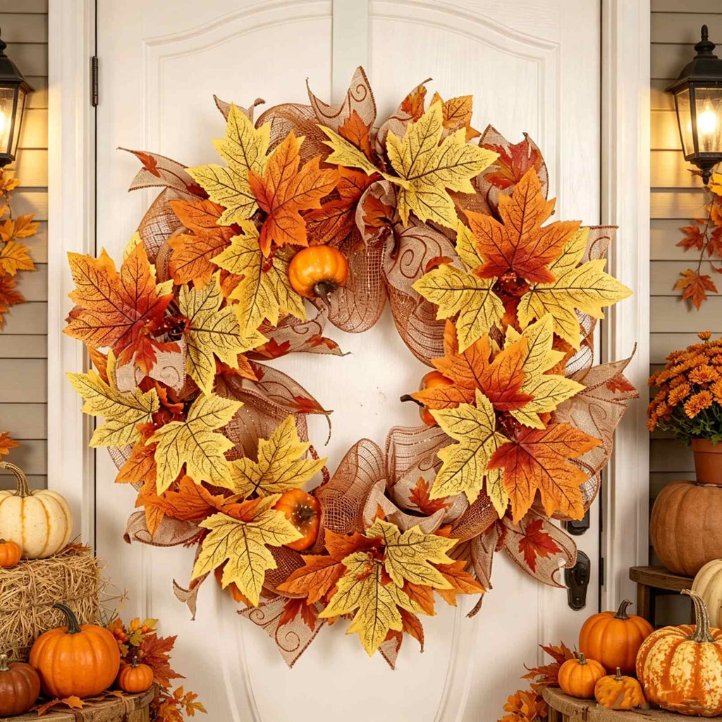 Festival Pumpkin Maple Leaf Artificial Wreath Door Hanging, Halloween Wreath