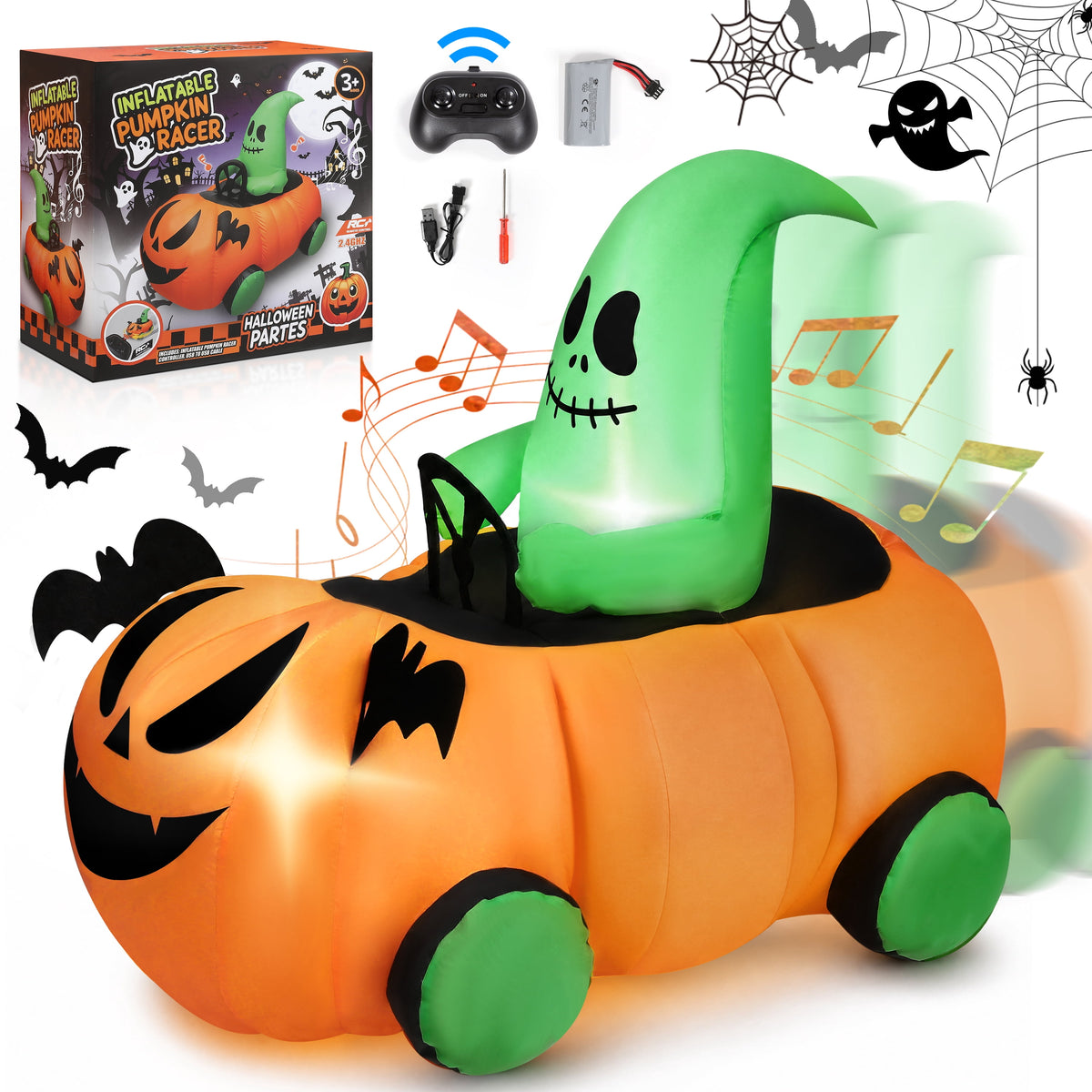 Firstness 2.4GHz Remote Control Halloween Inflatable Car Blow ups Pumpkin Ghost Rc Car,3 Music and LED Lights,360° Rotation,Aged 3+