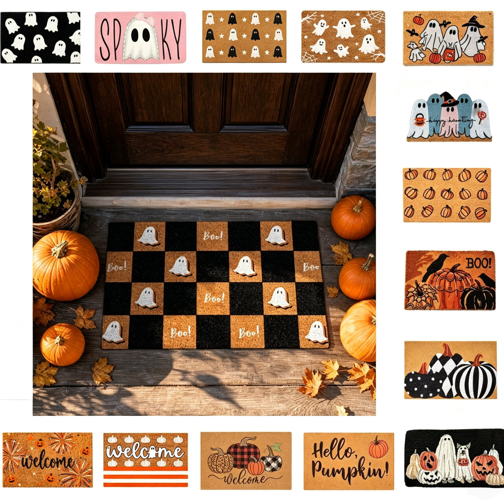 Fllostpr Halloween Pumpkin & Crow Welcome Doormat for Front Door, Non-Slip Vintage Brown Coir Floor Mat for Outdoor Porch Entryway Decor,16x24 Inch