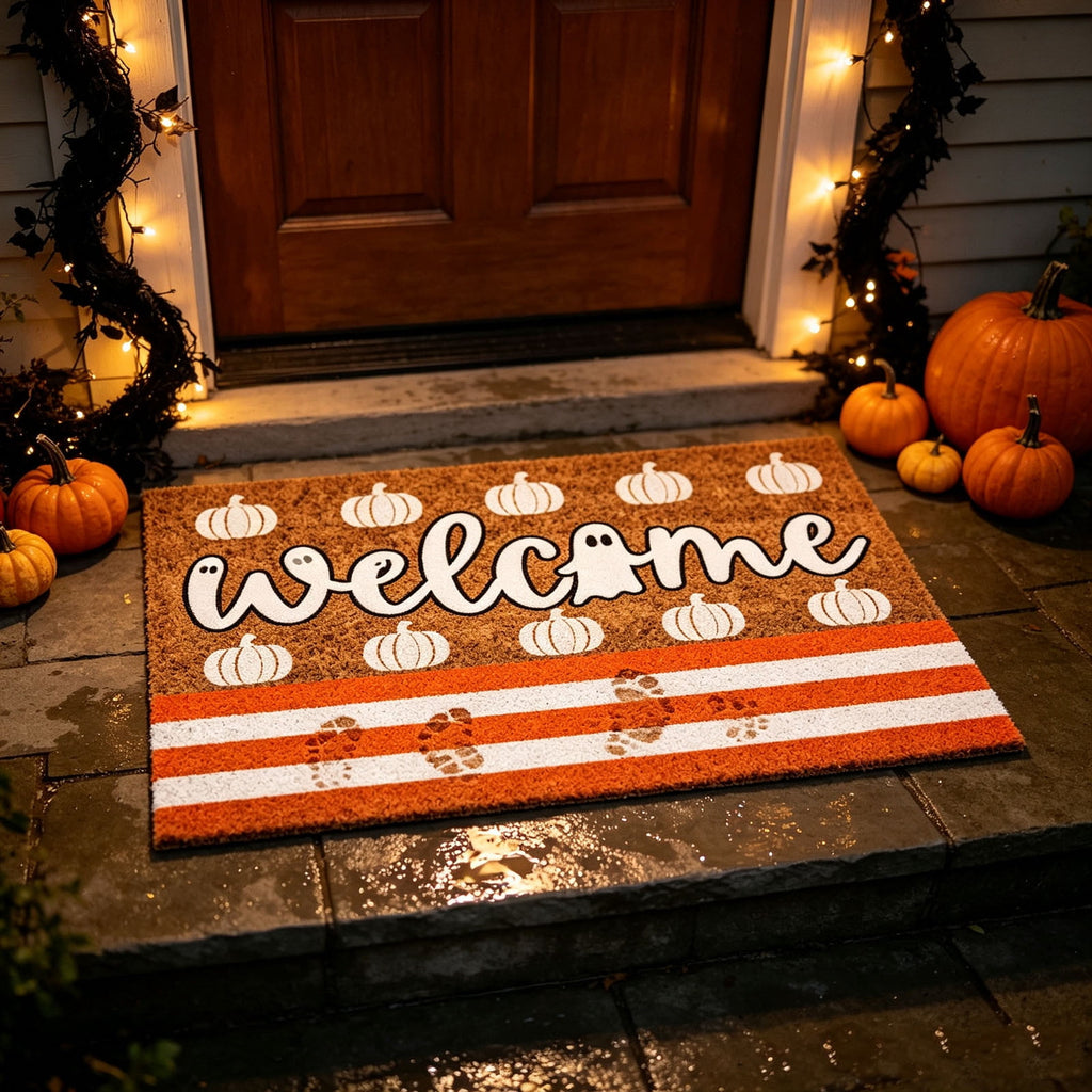 Fllostpr Halloween Pumpkin & Crow Welcome Doormat for Front Door, Non-Slip Vintage Brown Coir Floor Mat for Outdoor Porch Entryway Decor,16x24 Inch