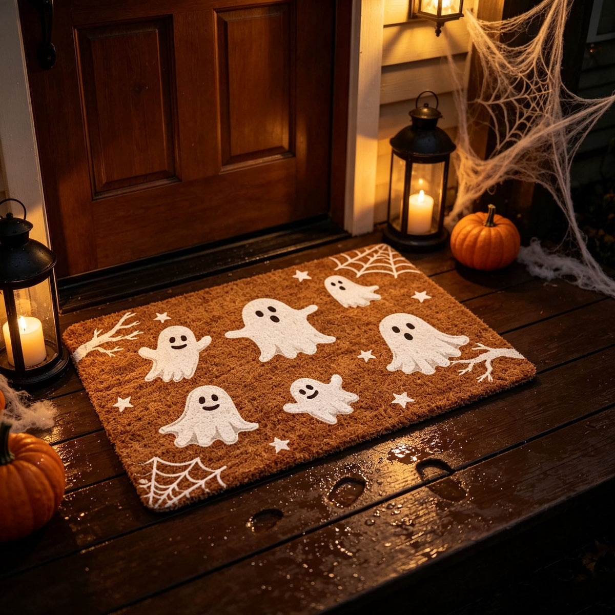 Fllostpr Halloween Pumpkin & Crow Welcome Doormat for Front Door, Non-Slip Vintage Brown Coir Floor Mat for Outdoor Porch Entryway Decor,16x24 Inch