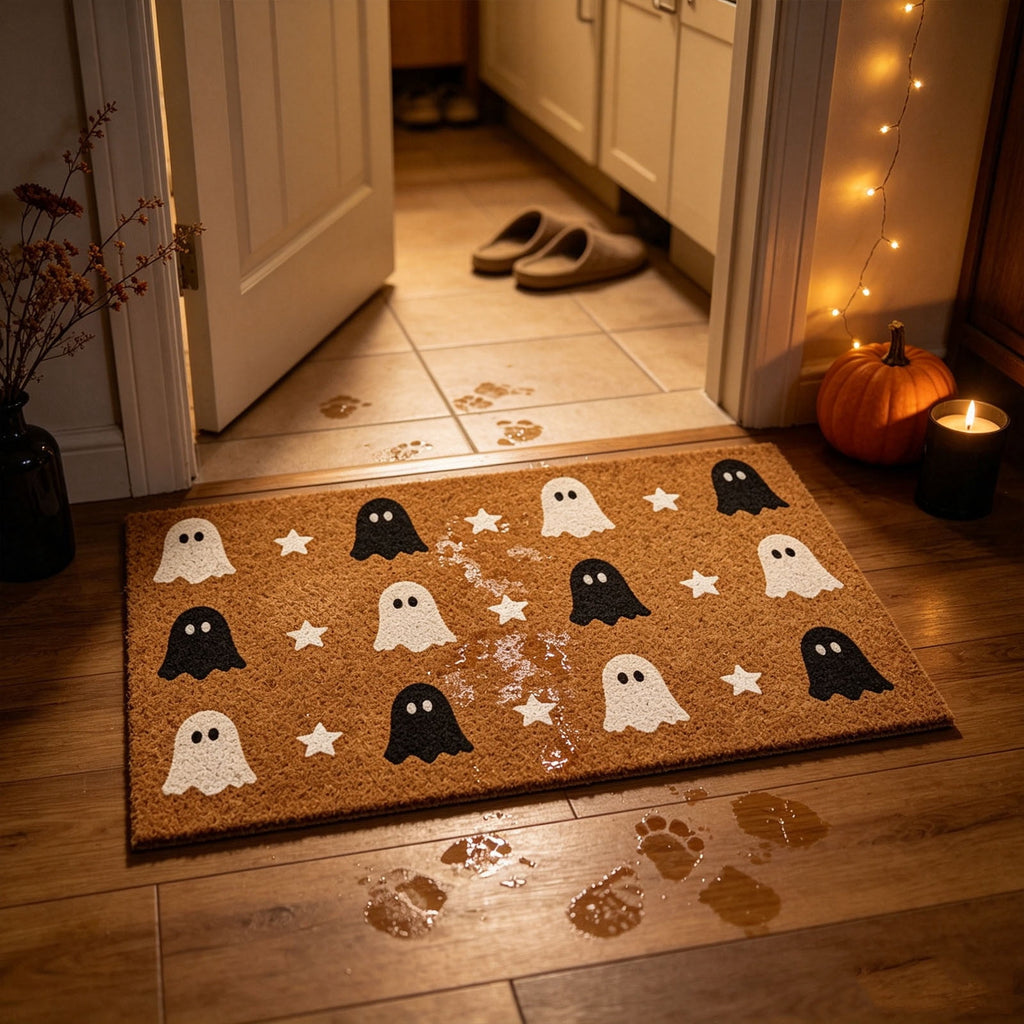 Fllostpr Halloween Pumpkin & Crow Welcome Doormat for Front Door, Non-Slip Vintage Brown Coir Floor Mat for Outdoor Porch Entryway Decor,16x24 Inch
