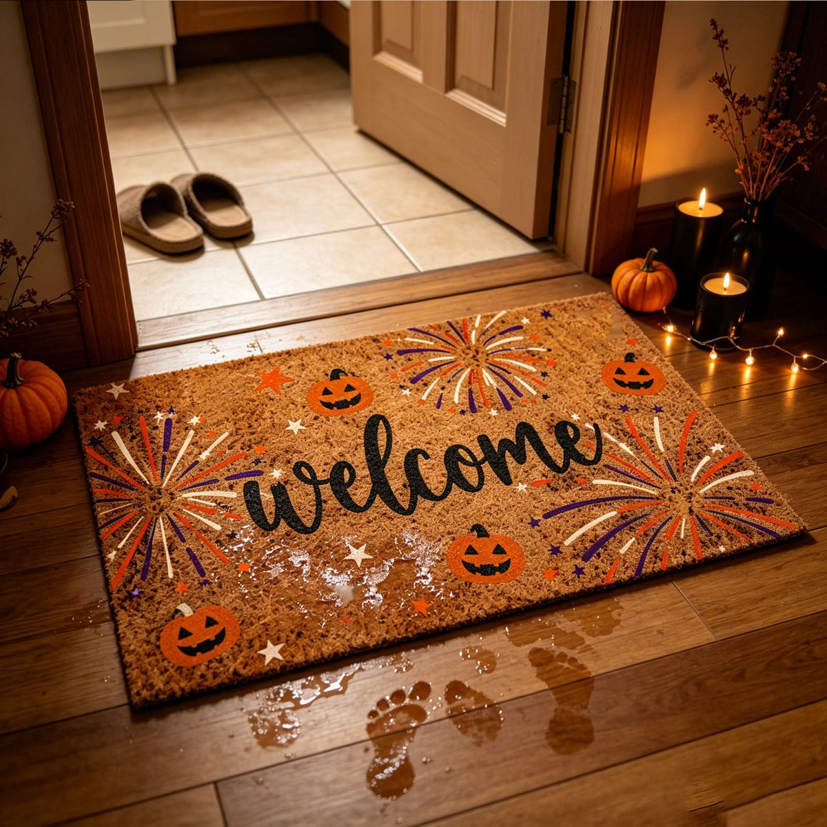 Fllostpr Halloween Pumpkin & Crow Welcome Doormat for Front Door, Non-Slip Vintage Brown Coir Floor Mat for Outdoor Porch Entryway Decor,16x24 Inch
