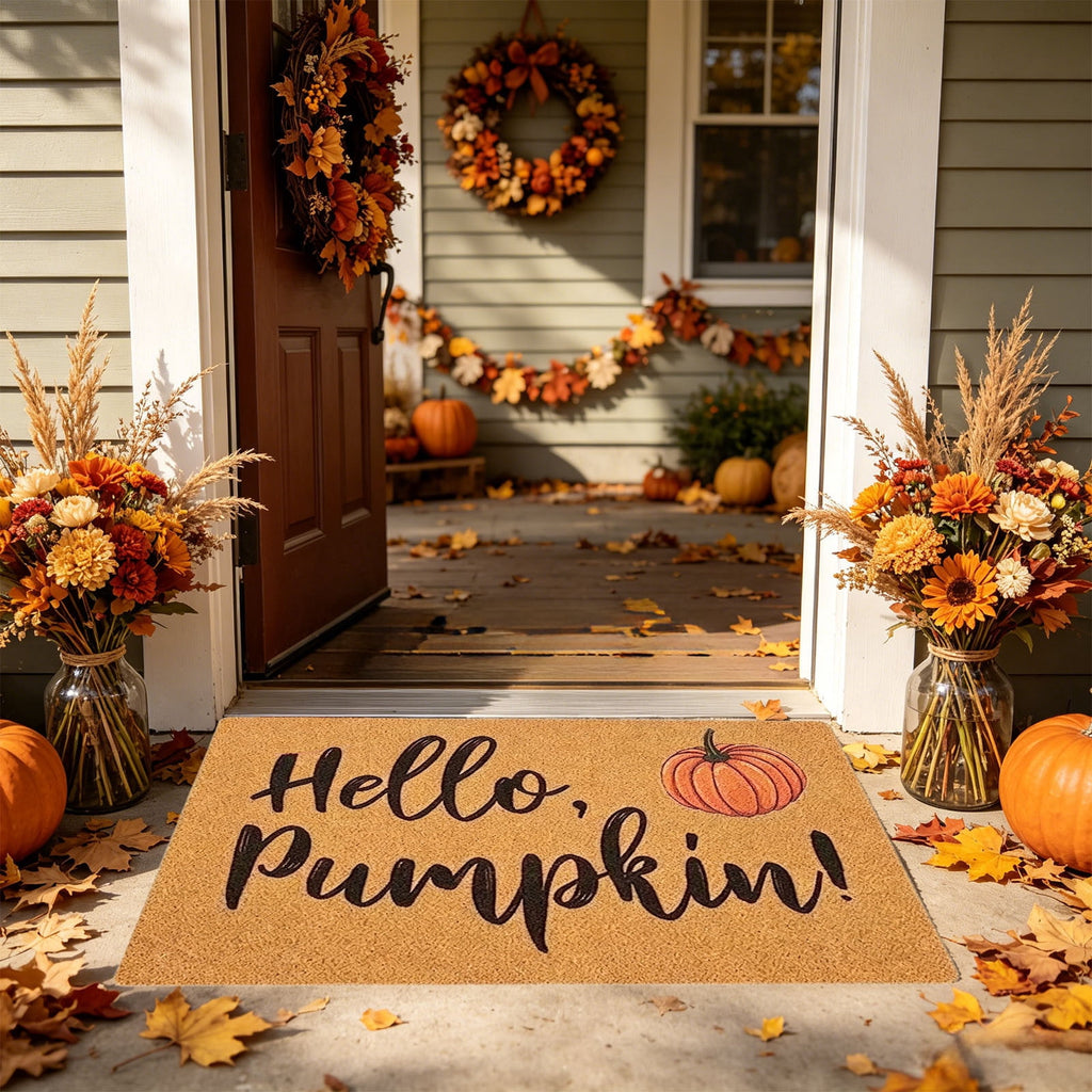 Fllostpr Halloween Pumpkin & Crow Welcome Doormat for Front Door, Non-Slip Vintage Brown Coir Floor Mat for Outdoor Porch Entryway Decor,16x24 Inch