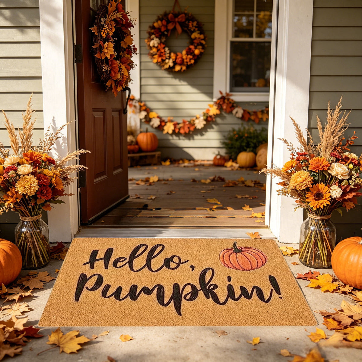 Fllostpr Halloween Pumpkin & Crow Welcome Doormat for Front Door, Non-Slip Vintage Brown Coir Floor Mat for Outdoor Porch Entryway Decor,16x24 Inch