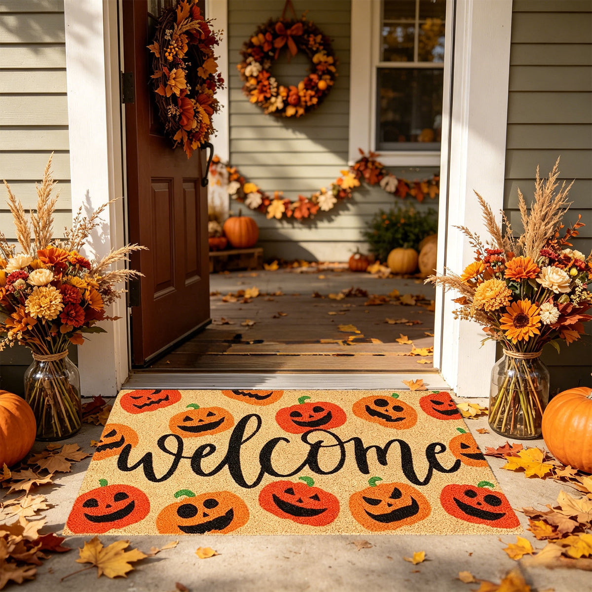 Fllostpr Halloween Pumpkin & Crow Welcome Doormat for Front Door, Non-Slip Vintage Brown Coir Floor Mat for Outdoor Porch Entryway Decor,16x24 Inch