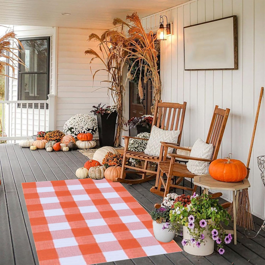 Fnochy Halloween Door Mat Outdoor 23.6"x35.4", Fall Decor Buffalo Plaid Outdoor Rug, Farmhouse Checkered Layered Welcome Door Mat for Entryway, Halloween Front Porch Decor, Orange and White