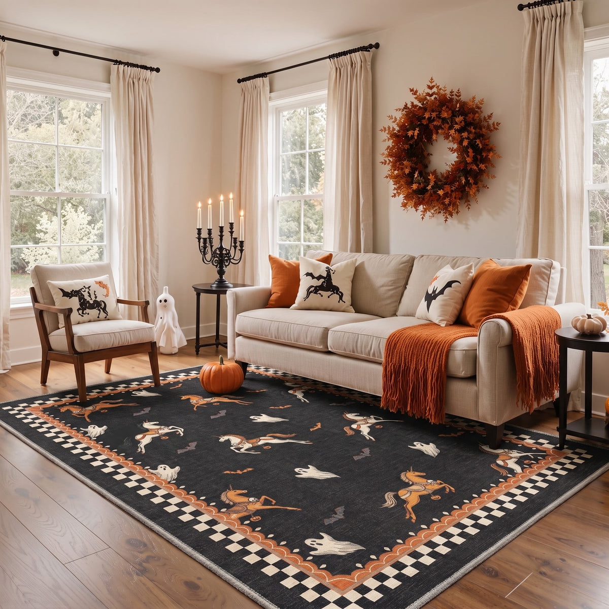 GENIMO 5'x7' Halloween Area Rug for Living Room, Washable Non Slip Soft Vintage Pumpkin Indoor Rug for Bedroom Dining Room Home Office, Antique Moss