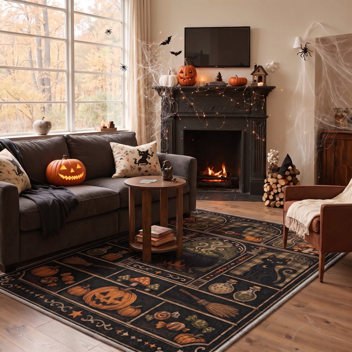 GENIMO 5'x7' Halloween Area Rug for Living Room, Washable Non Slip Soft Vintage Pumpkin Indoor Rug for Bedroom Dining Room Home Office, Antique Moss