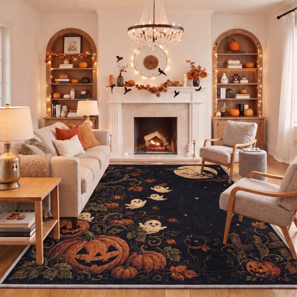 GENIMO 5'x7' Halloween Area Rug for Living Room, Washable Non Slip Soft Vintage Pumpkin Indoor Rug for Bedroom Dining Room Home Office, Antique Moss