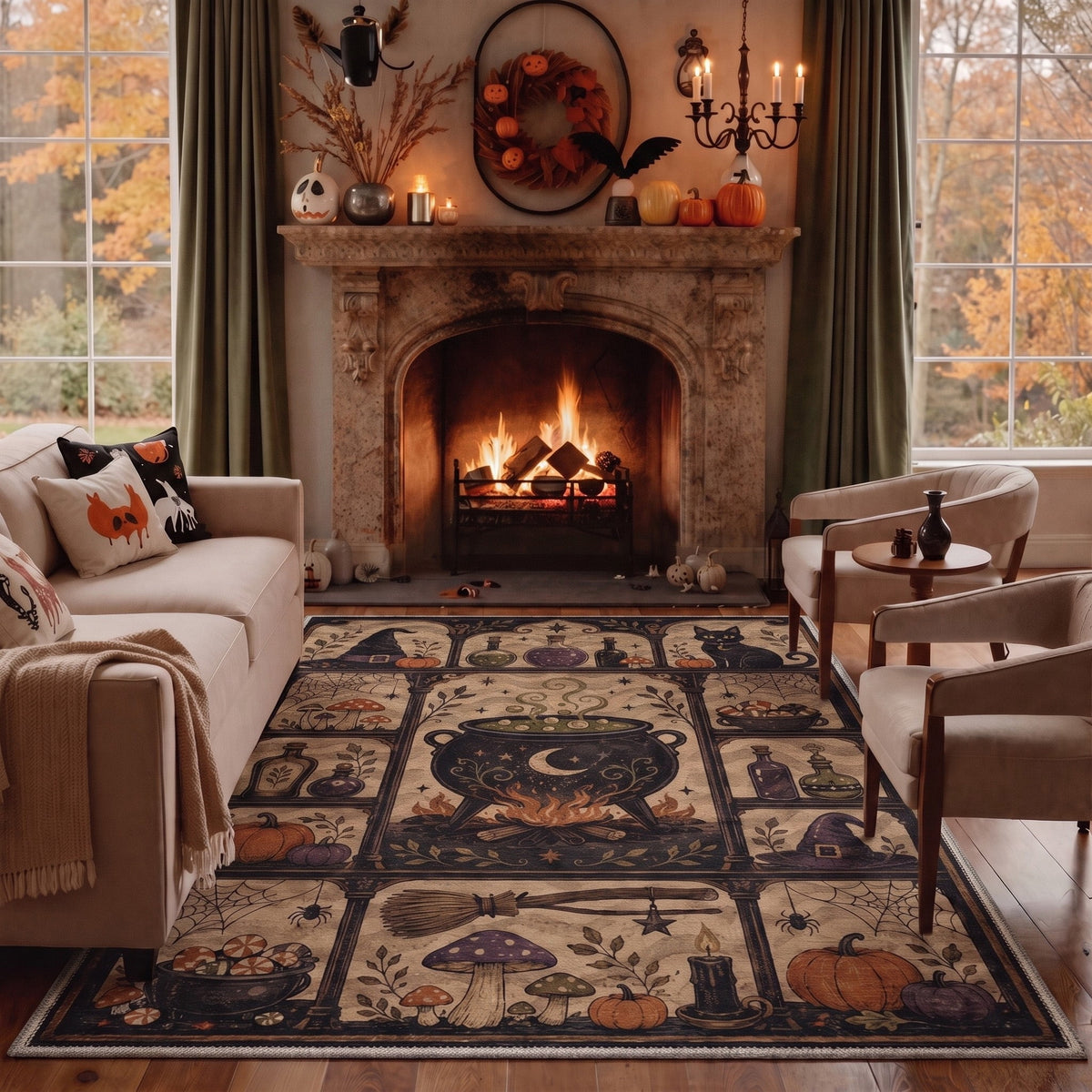 GENIMO 5'x7' Halloween Area Rug for Living Room, Washable Non Slip Soft Vintage Pumpkin Indoor Rug for Bedroom Dining Room Home Office, Antique Moss