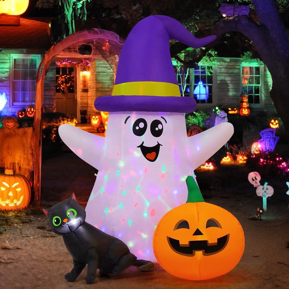 GOOSH Halloween Inflatables 5 FT Inflatable Ghost with Built-in LEDs, Ghost Blow up Halloween Ghost Inflatables with Black Cat Pumpkin, Outdoor Halloween Decorations for Holiday Party Indoor Outdoor