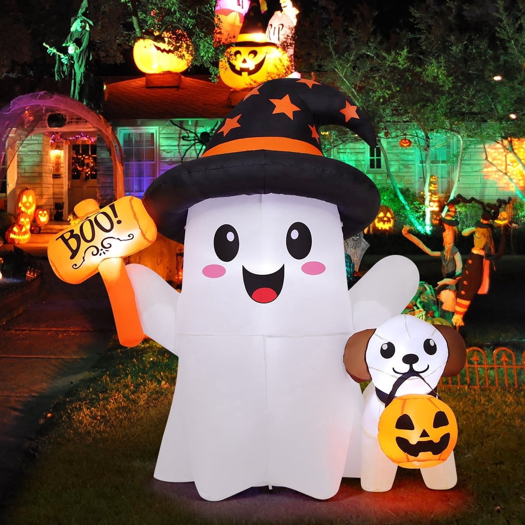 GOOSH Halloween Inflatables 5 FT Inflatable Ghost and Puppy with Built-in Led Lights, Cute Ghost Inflatable Wearing Witch Hat, Outdoor Halloween Decorations Blow up Ghost for Halloween Holiday Party