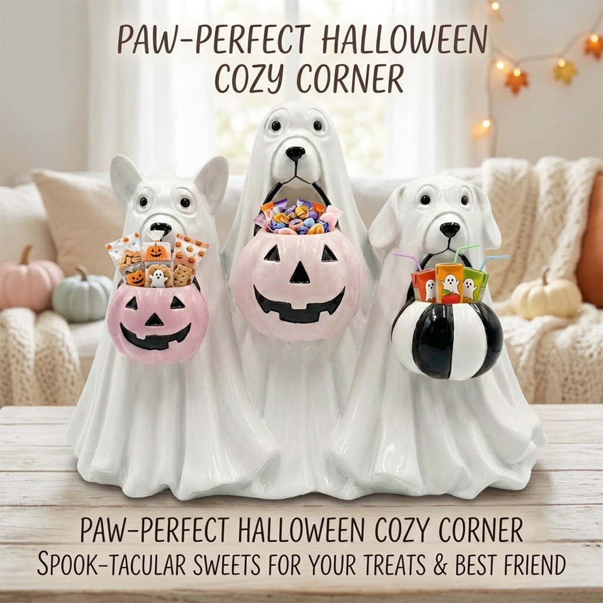 Lighted Halloween Ghost Candy Bowl, Cute LED Ghost Holding Pumpkin Candy Bucket for Trick or Treat, Outdoor Halloween Decorations for Front Porch, Indoor Yard Patio Halloween Decor