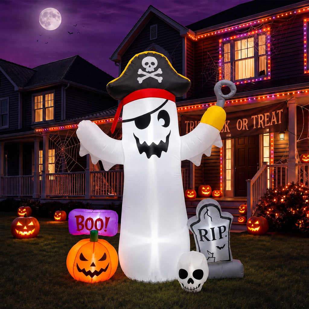 Glazina 7 FT Halloween Inflatable Ghost Signpost with Skull Spider, Built-In LED Lights, Outdoor Halloween Blow Up Yard Decoration