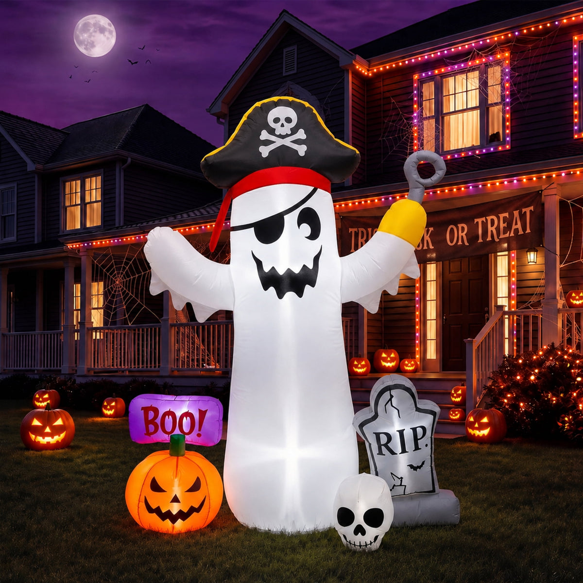 Glazina 7 FT Halloween Inflatable Ghost Signpost with Skull Spider, Built-In LED Lights, Outdoor Halloween Blow Up Yard Decoration