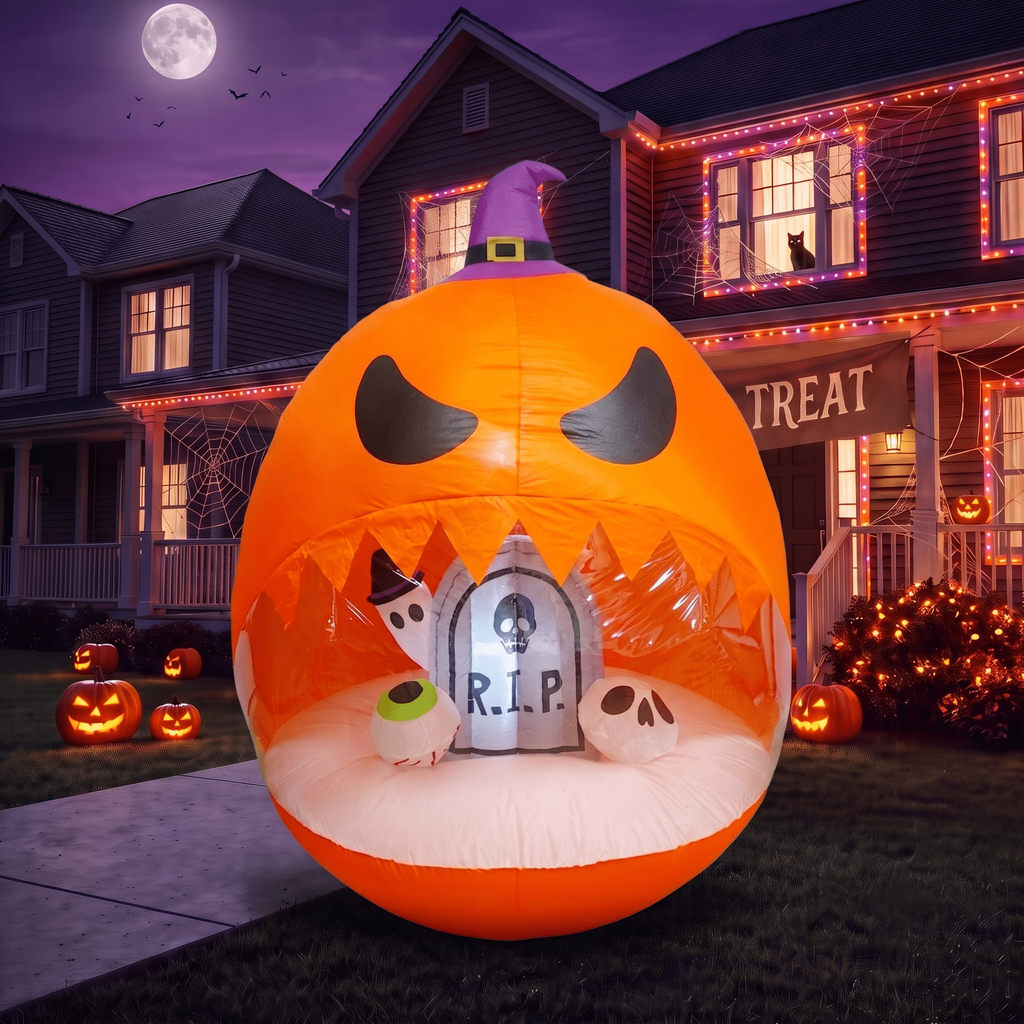 Glazina 6 FT Halloween Inflatable Pumpkin Clear Window with Ghost Tombstone, Built-In LED Lights, Outdoor Halloween Blow Up Yard Decoration