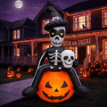 Glazina 6 FT Halloween Inflatable Skeleton on Pumpkin with Witch Hat, Built-In LED Lights, Outdoor Halloween Blow Up Yard Decoration