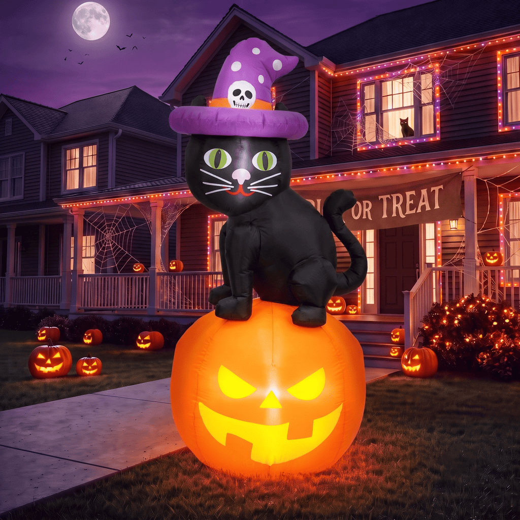 Glazina 6FT Halloween Inflatable Black Cat on Pumpkin with Witch Hat, Built-In LED Lights, Outdoor Halloween Blow Up Yard Decoration