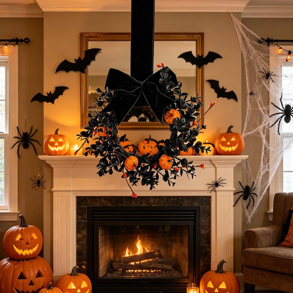 Gothic Halloween Wreath with Velvet Bow and Mini Pumpkins for Front Door Fall Decor 23 Inch