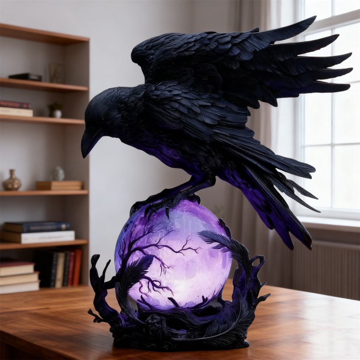 Gothic Mysterious Raven Lamp Light Sculpture, Resin Halloween Moonlight Luminous Crow Bird Led for Home Decor Gift, Bedroom Bedside, Living Room