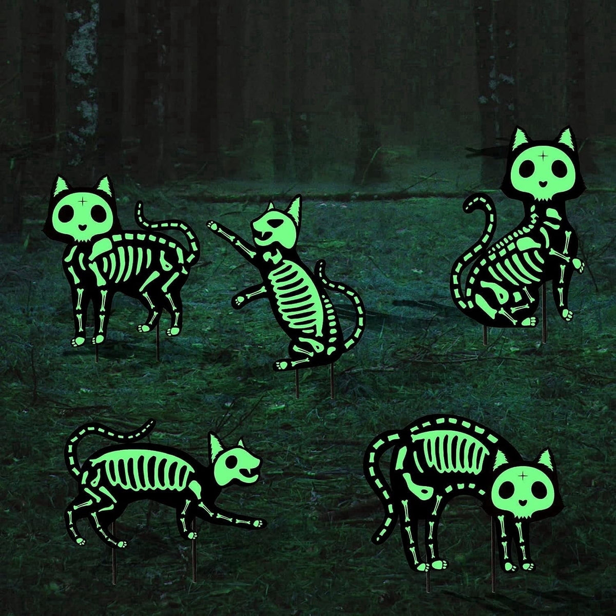GuassLee 5pcs Glow in the Dark Skeleton Black Cat Silhouette Lawn Signs with Stakes for Halloween Lawn Garden Front Yard Decorations Outside
