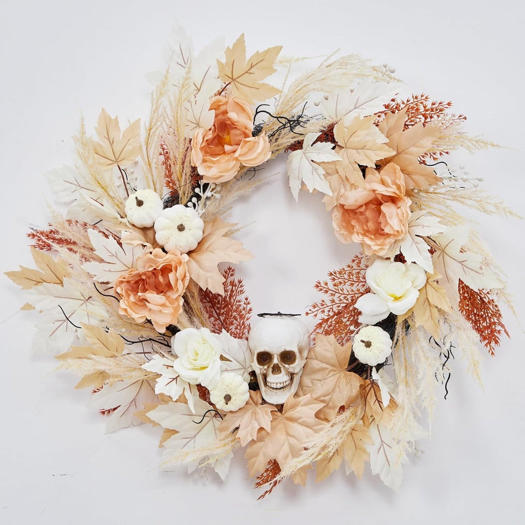 HELLONE 22 Inch Halloween Wreath for Front Door, Halloween Skull Wreath with Lights White Pumpkins Roses, Halloween Decorations Fall Maple Leaves Wreath for Porch Window Indoor Outdoor Decor