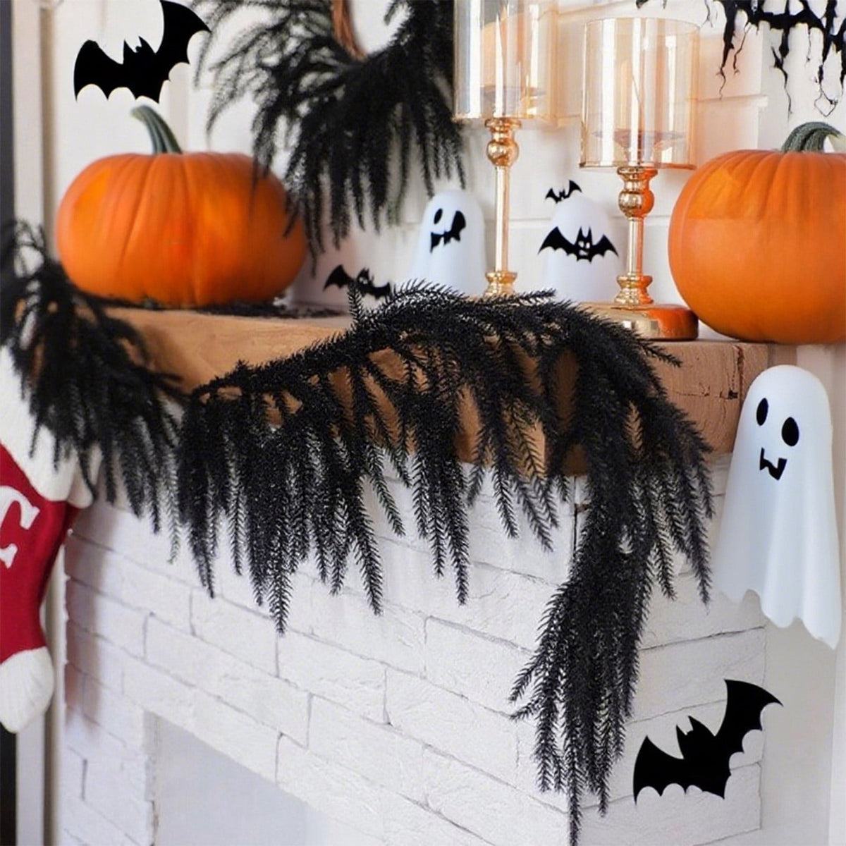 HHBEAUTY 59" Black Pine Garland - Halloween Artificial Pine Needles & Leaves Hanging Decorations for Fireplace, Stairs, Railing, Mantle, DIY Wreath, Door, Wall, Window & Thanksgiving Party Decor