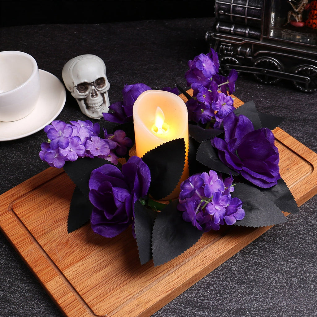HHBEAUTY Artificial Purple Rose Halloween Candle Rings Wreaths 9.8 Inch Gothic Floral Eucalyptus Leaves Candle Ring Holder Halloween Wedding Party Centerpiece Table Decorations Home Decor