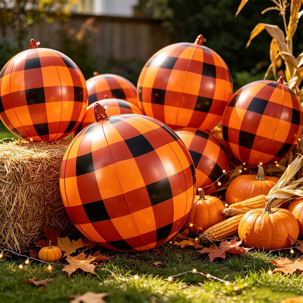 HHJZPR Halloween Pattern Pumpkin Foil Mylar Balloons, Striped Polka Dot Buffalo Plaid Inflatable Pumpkin Ornaments, Fall Farmhouse Party Yard Table Decor Ball