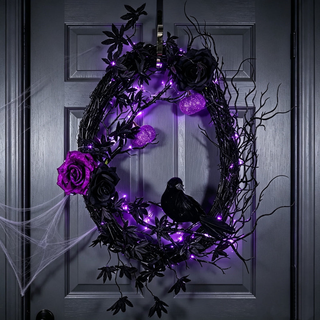HHJZPR LED Purple Light Black Twig Halloween Wreath, 17.7×13.8in Gothic Oval Door Wreath with Black Crow Purple Glitter Roses Pumpkins, Spooky Front Porch Wall Hanging Decor